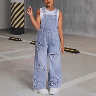Cross-border Amazon Best Seller Teen Girls Five-Pointed Star Decoration Wide-Leg Denim Overall Shorts in Stock