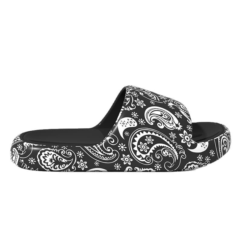 Retro Cashew Flower Slides for Men Ins Style Graffiti Cloud-Like Slides for Women Black and White Contrast Color Non-Slip Outdoor Sandals