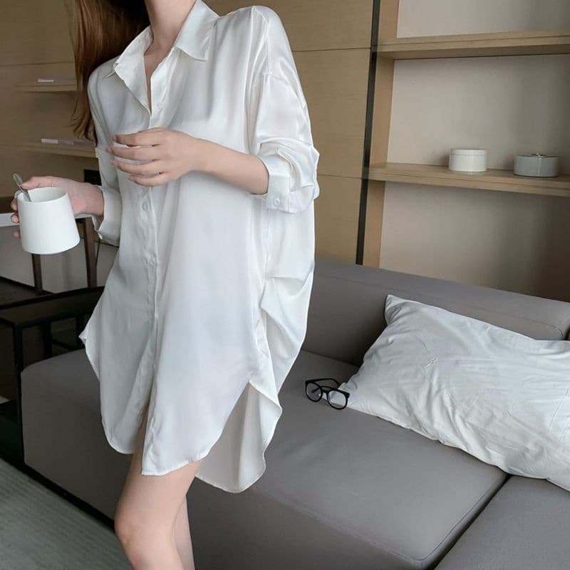 Women's Sexy Sleepwear Summer Ice Silk Thin Boyfriend Style White Shirt Top Loose Plus Size Nightgown Homewear Set