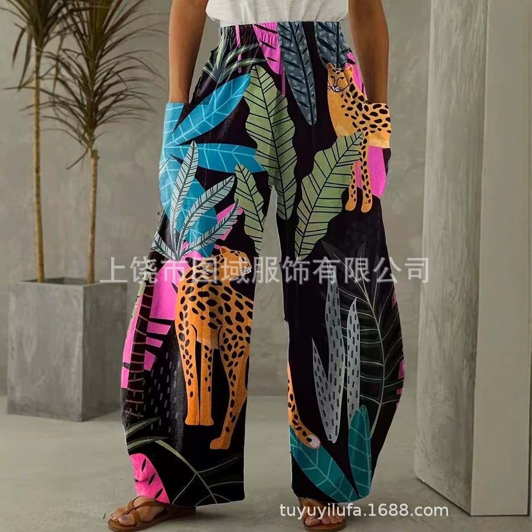 Dopamine Gradient Color Heart Print Pants High-Waist Elastic Waistband Pockets Ethnic Style Wide-Leg Harem Pants