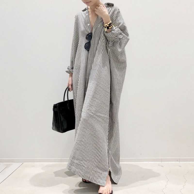 2 colors Japanese ins women's dress Japanese striped casual A-line skirt long-sleeved loose single-breasted straight skirt