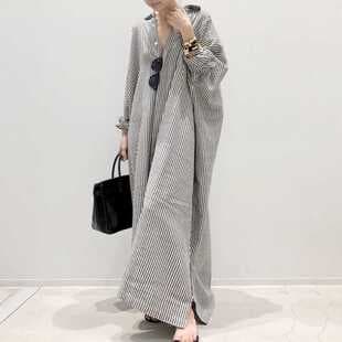 2-Color Japanese Ins Women's Dress Striped Casual A-Line Long Sleeve Loose Single-Breasted Straight Skirt