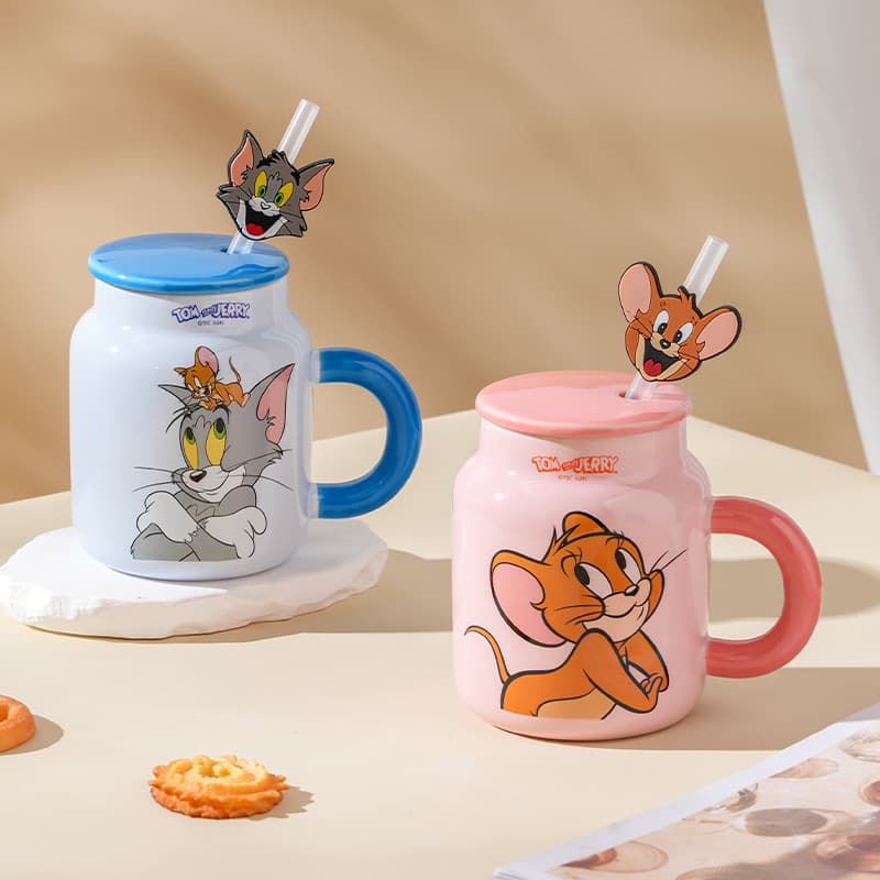 Tom and Jerry Ceramic Mug High Appearance Couple Straw Mug with Lid Cute Cartoon Large Capacity Breakfast Cup