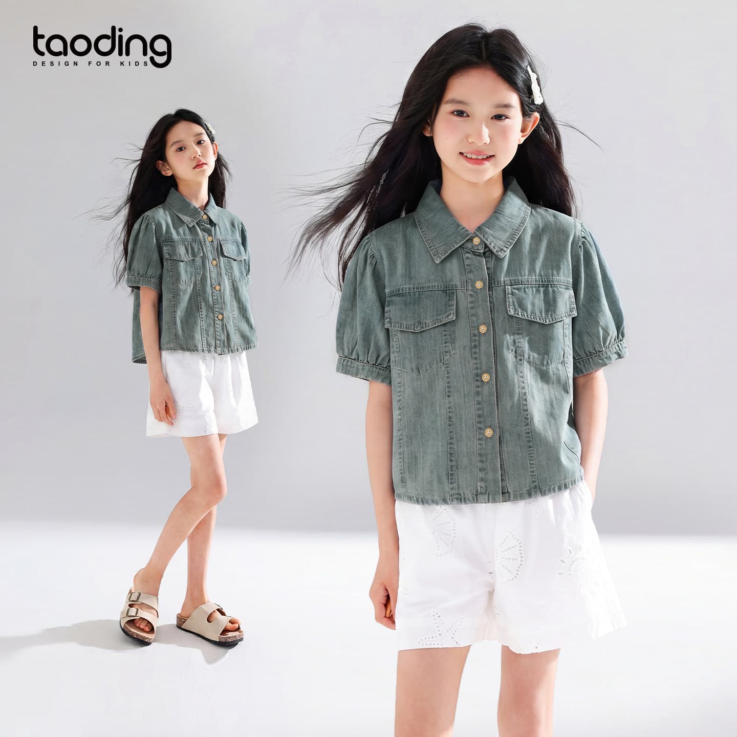 Taoding girls retro denim shirt short-sleeved thin fashionable summer lapel loose casual top big children's shirt