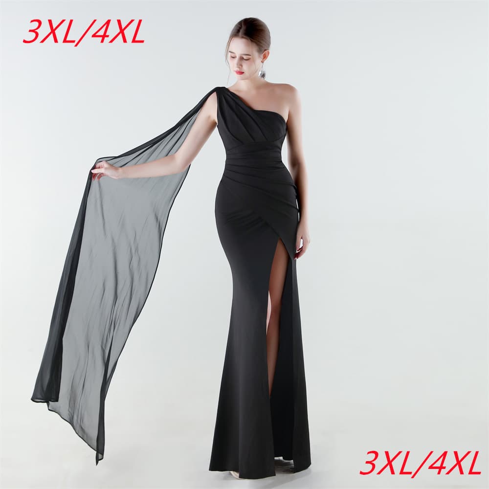 33703-S# Fat size plus size foreign trade 2026 new satin chiffon single shoulder ribbon fishtail high slit slim fit