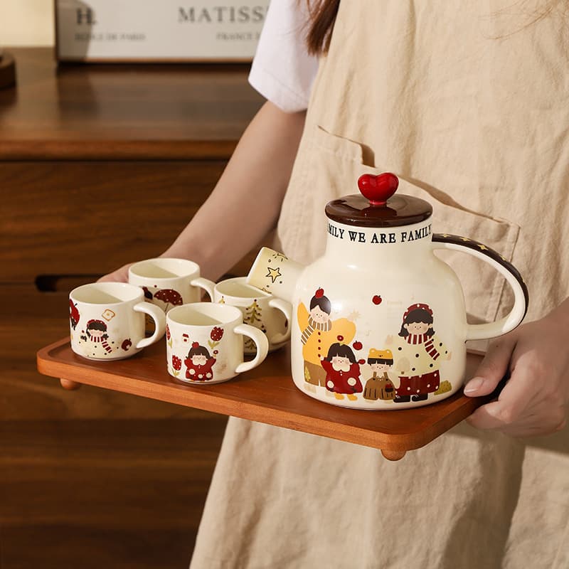 Family Time Cartoon Family Ceramic Teapot and Teacup Drinkware Activity Gift Set High-Appearance Teapot Teacup
