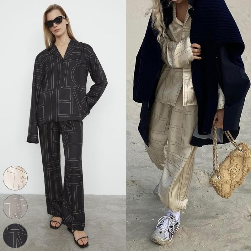 T-fans quick entry~ Textbook-level stylish set, classic logo embroidered silk pajama-style shirt/pants 69d