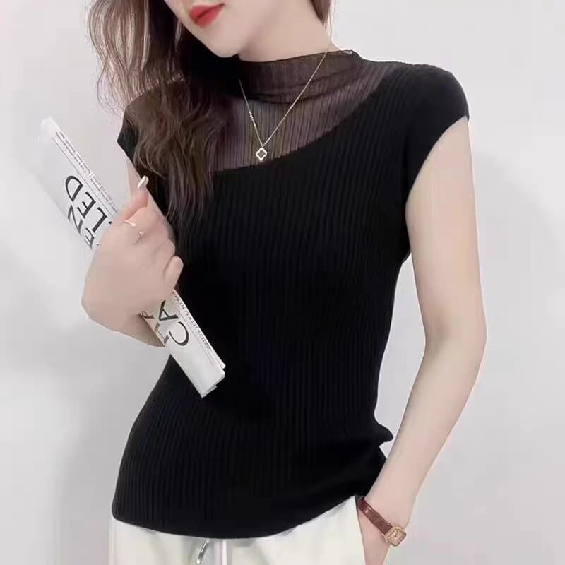 New Summer Solid Mesh Ice Silk Short Sleeve Knit T-Shirt Slimming Sleeveless Vest for Women