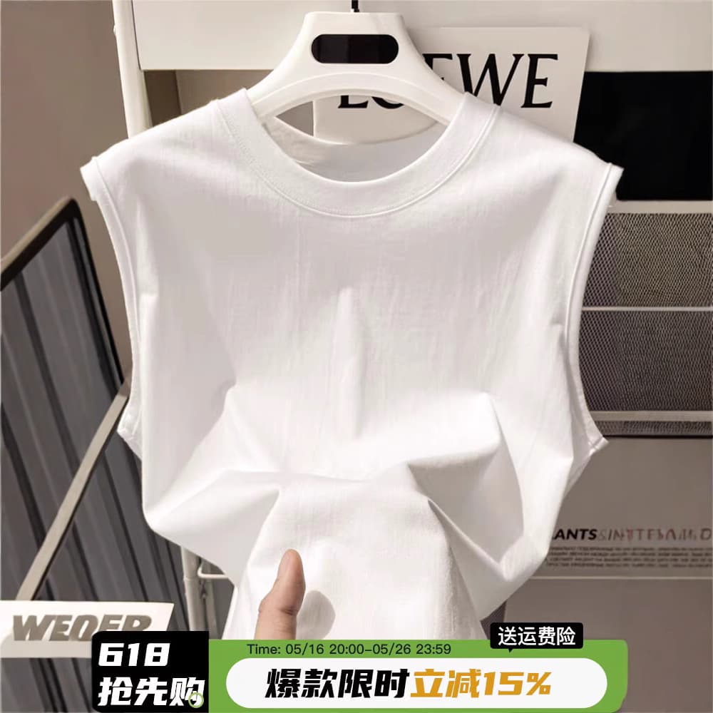 Heavyweight Pure Cotton Solid Color Inner Wear Sleeveless T-shirt Men Summer Outerwear Waistcoat Sports White Vest Men's Base Layer Top