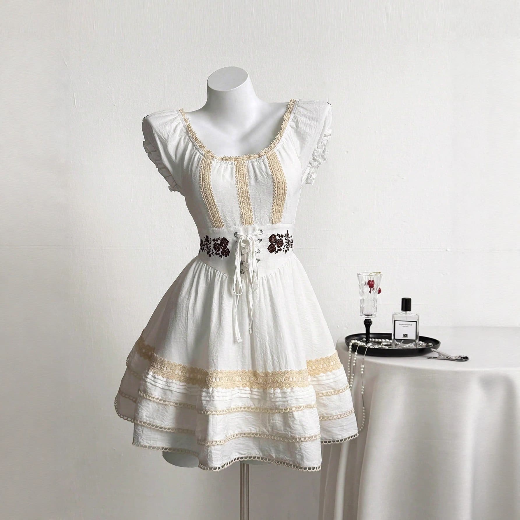 Pre-sale-73712# Cross-border EU/US Amazon Women's Vintage Lace Patchwork Puff Sleeve Dress