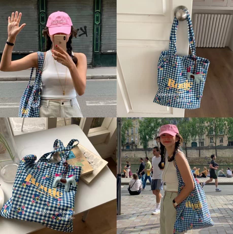 mooni/blue plaid flower print single shoulder Rouje canvas bag 2026 new bag ins blogger same style