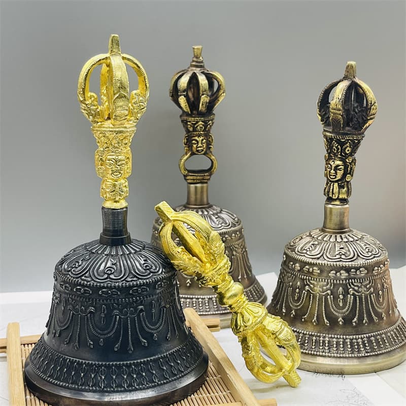 Tibetan Buddhist Vajra Bell and Dorje - Nepalese Handmade Antique Ritual Tool, Five-Prong/Nine-Prong Pure Copper Bell, Rattle, Instrument, Awakening Bell