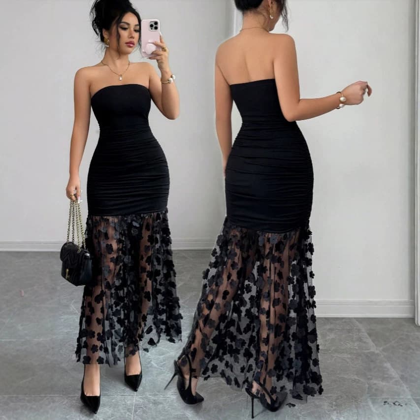 European and American style black sexy strapless tube top backless long dress with 3D floral hollow-out spliced A-line tulle skirt