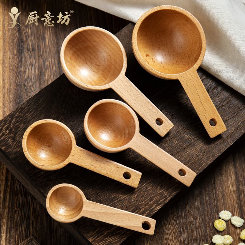 Beech Wood Measuring Spoon Set for Kitchen Baking, Solid Wood Spoon with Gram Scale for Milk Powder and Coffee
