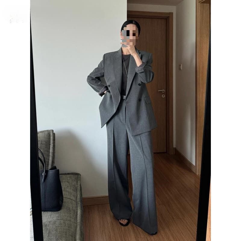 Xia Xia Slim Fit Gray Suit Set with Waist-Nipping Blazer and Wide-Leg Pants Two-Piece Business Wear Other