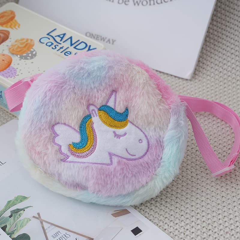 Cute and trendy plush shoulder bag for kids, featuring a pink unicorn design.