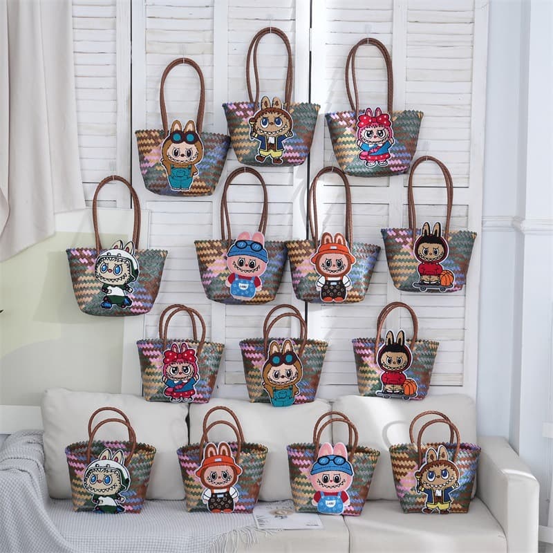 Labubu Handbag Basket Woven Bag Handwoven Rattan Bag Woven Handle Basket Gift Bag