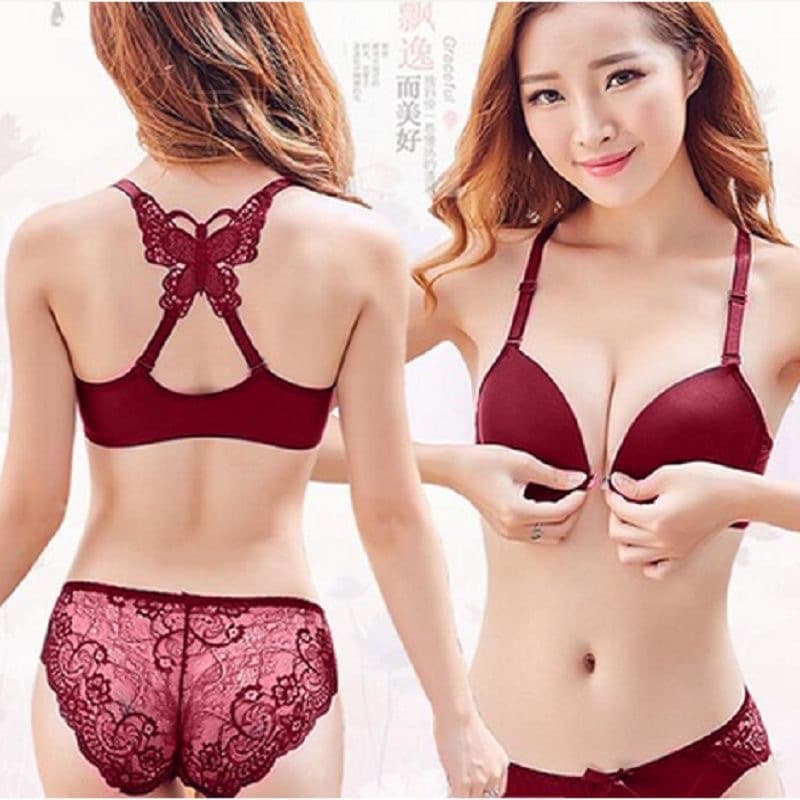 Cross-border Trade Front Closure Underwire Medium Thickness Butterfly Back Bra Set with Detachable Double Straps, Traditional Bra