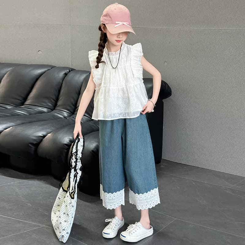 Girls Summer Outfit 2026 New Stylish Girls Fly Sleeve Doll Top Children Summer Thin Wide-Leg Pants Trendy