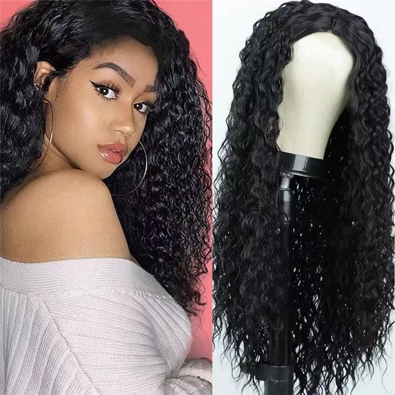 European and American New Year Women's Wig, Center Part Black Long Curly Hair, Cornrow Small Curls, Synthetic Fiber Wig Cap