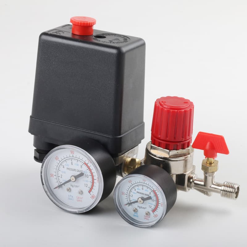 Air Compressor Switch Assembly, Four-Hole Four-Way Automatic Pressure Switch Assembly with Pressure Regulator, Pressure Gauge, and Air Outlet Valve