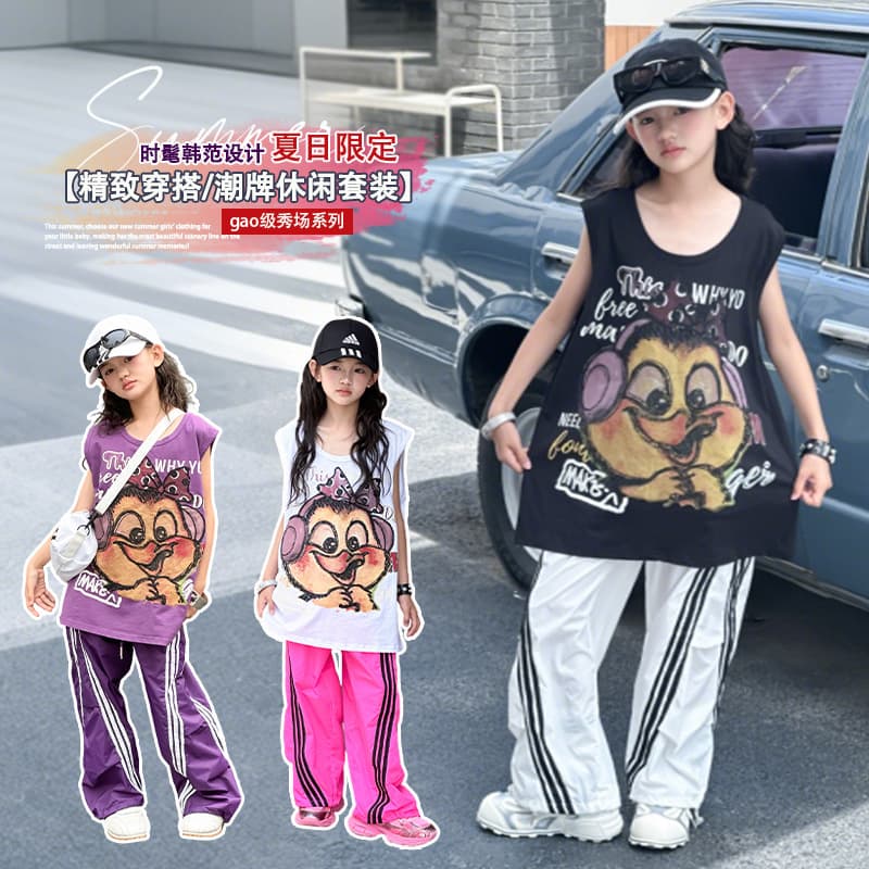 Girls Summer Set 2025 New Trendy Cartoon Print Vest Cargo Pants Kids Jazz Street Dance Two-Piece Set