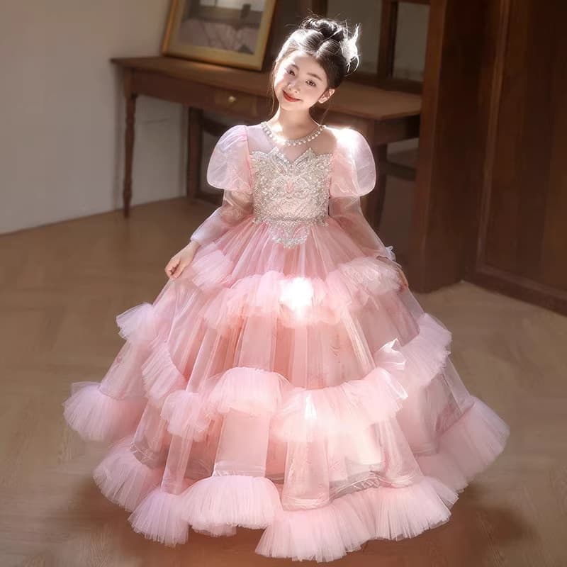 Girls' pink dress, light luxury and high-end, children's birthday princess dress, flower girl, wedding host's piano performance dress