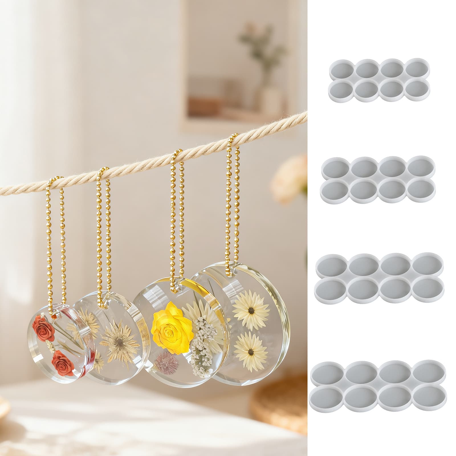 8-Circle Resin Casting Mold with Hanging Loop, Dried Flower Specimen Pendant Keychain Silicone Mold DIY Handmade Craft Mold