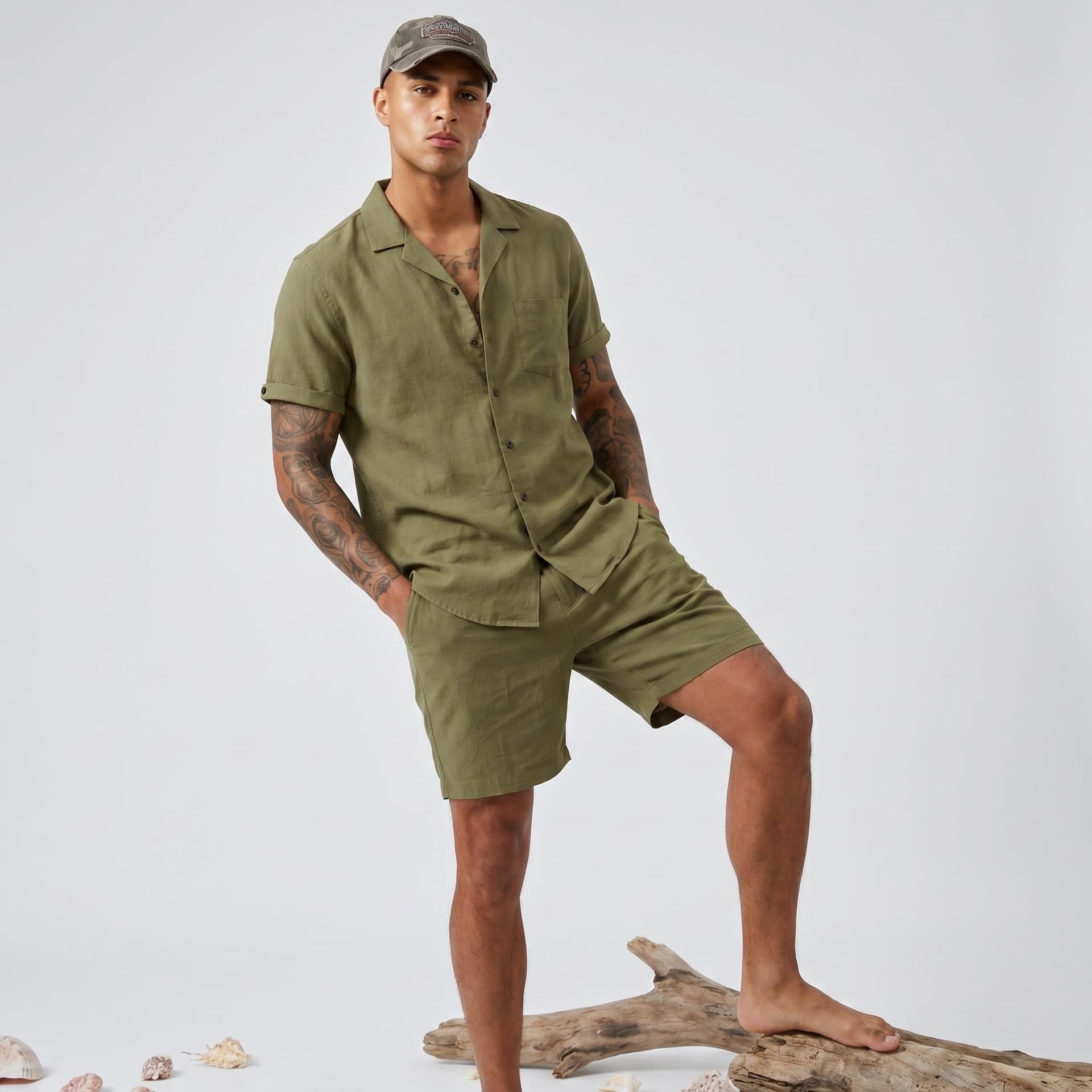 Men's Cotton Linen Casual Set: Cuban Collar Short Sleeve Shirt + Bermuda Shorts Two-Piece Set for Beach Vacation