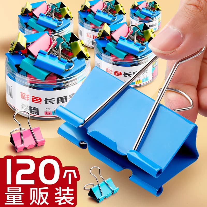 Colored long-tail clips, dove-tail document organizing clips in large, medium, and small sizes, multi-functional stationery for securing books.