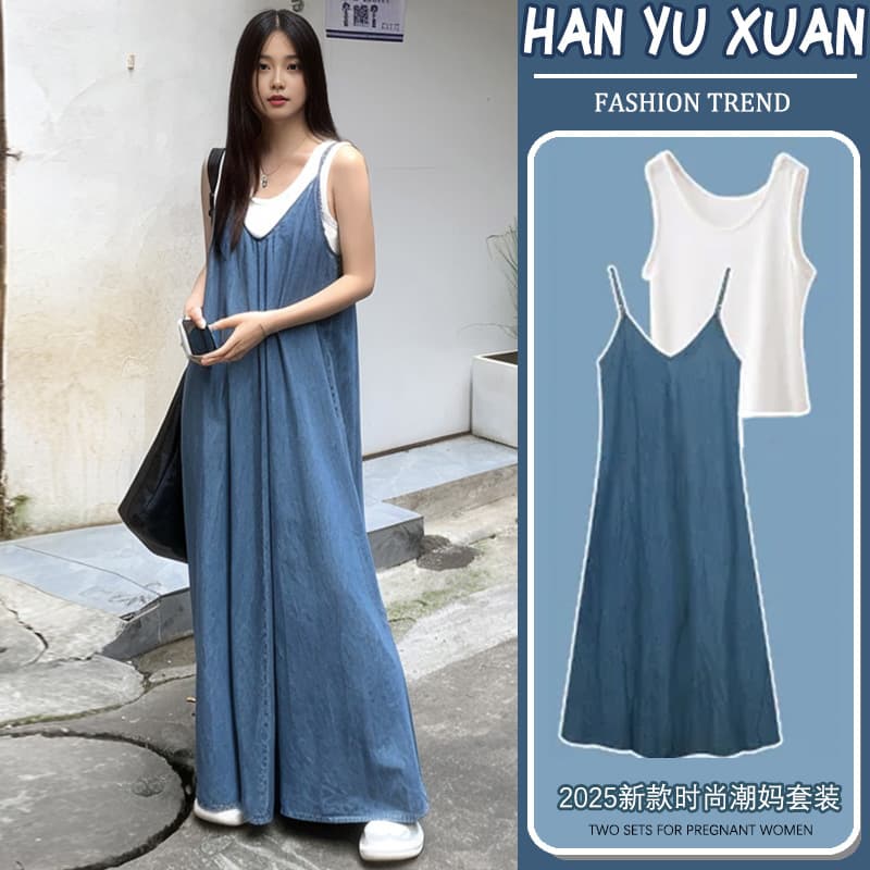 Maternity Wear Elegant Mid-Length Skirt for Women 2026 Summer New French Style Denim Suspender Dress Two-Piece Set