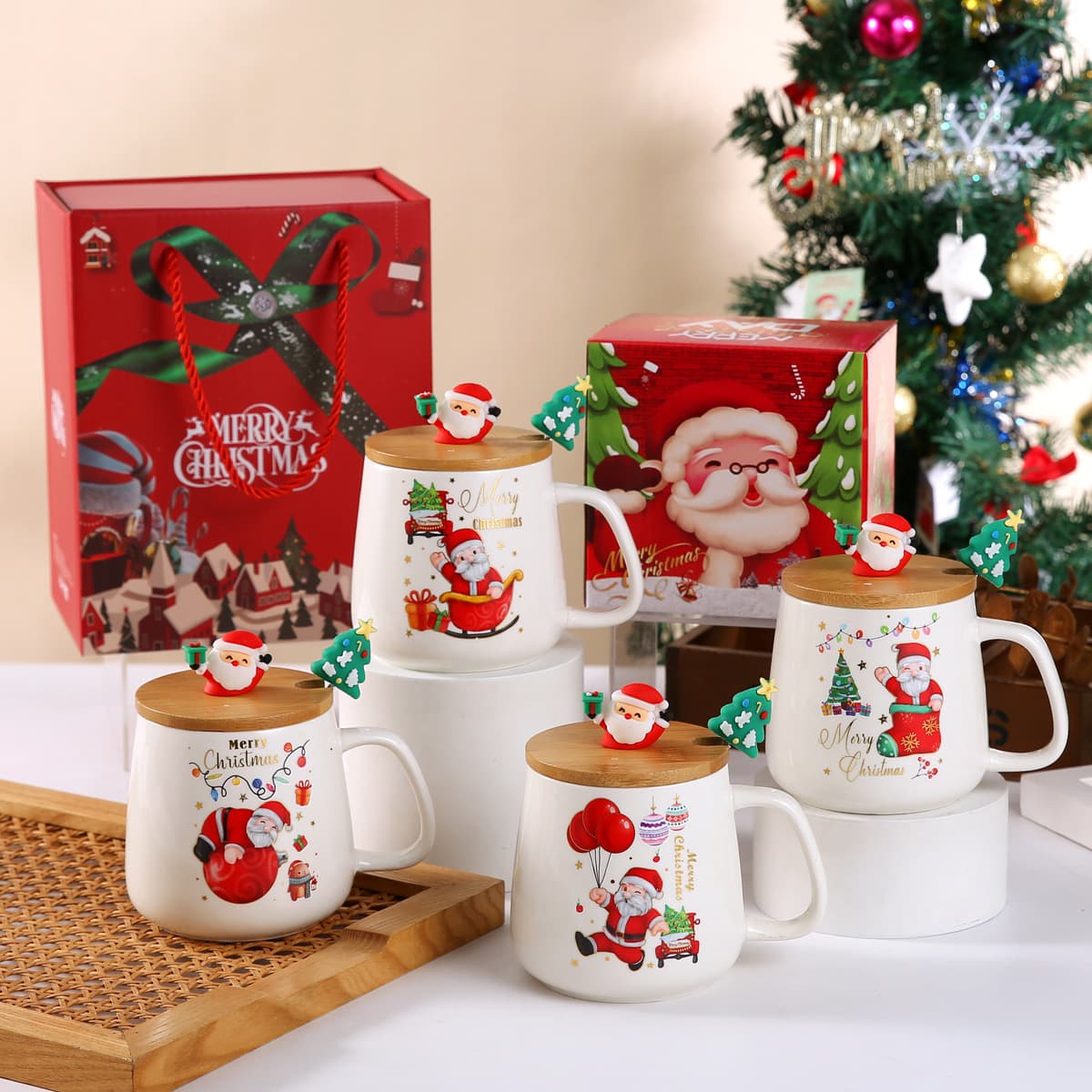 Cartoon Creative Santa Claus Cup with Lid Spoon Gift Pack Souvenir Christmas Ceramic Mug Gift Box