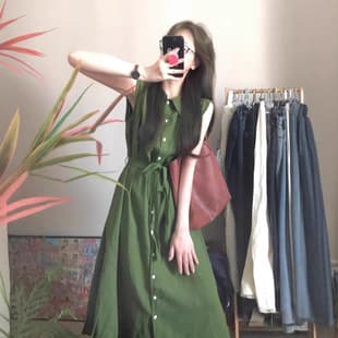 Vintage Green Sleeveless Vest Dress for Women Summer Shirt Dress with Tie Waist Slim Fit Petite Midi Dress