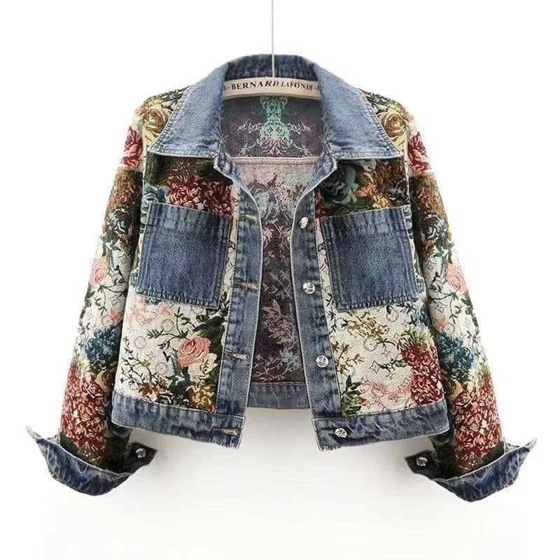 Spring 2025 Women's Short Printed Patchwork Long Sleeve Polo Collar Denim Jacket Versatile Stylish Commute Style Loose Fit