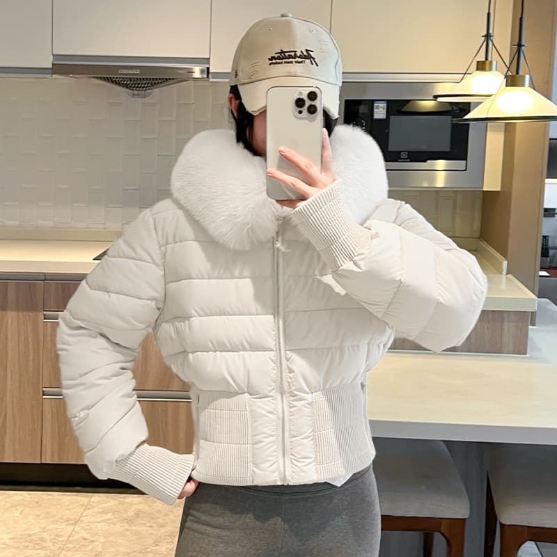 Slim waist down cotton coat, petite short-length slim fit waist-cinching cotton jacket for women.