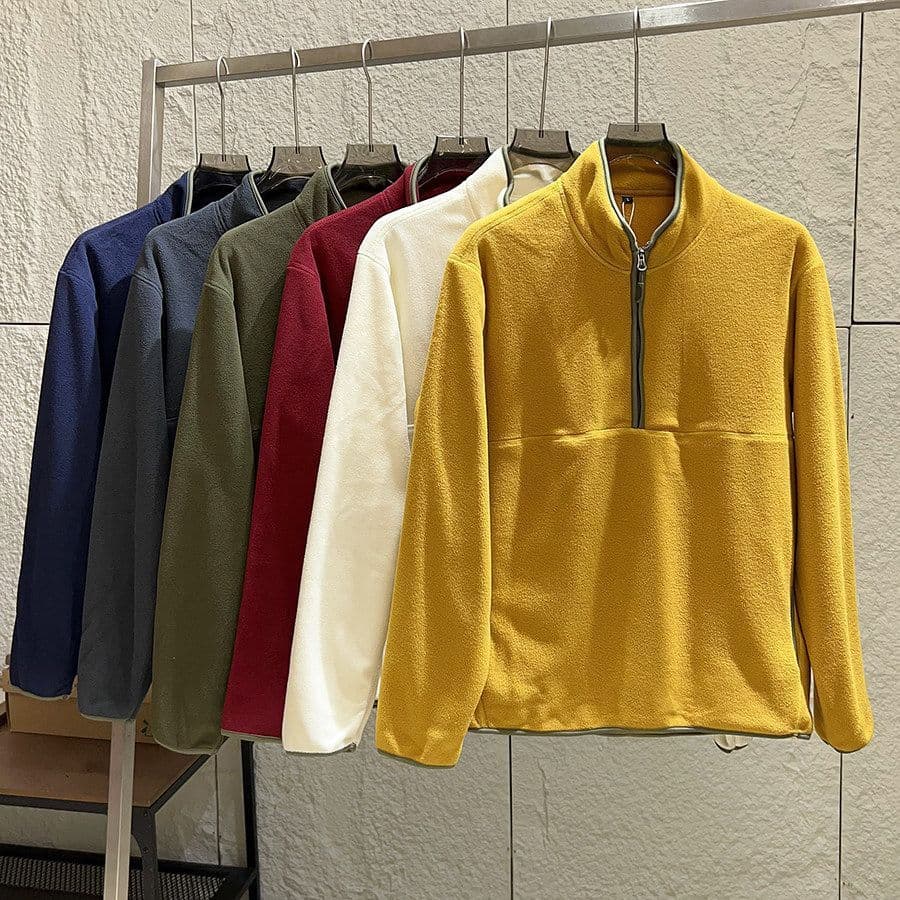 Lazy style contrasting color hemmed half-zip stand-up collar long sleeves white loose off-shoulder version spring and autumn casual pullover top