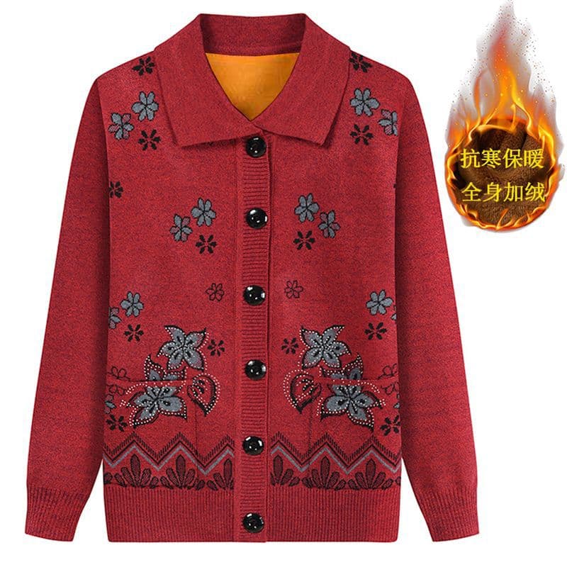 Middle-Aged and Elderly Women's Clothing Autumn/Winter Fleece-Lined Knitted Sweater Mom Wear Cardigan Spring Grandma Open-Front Top