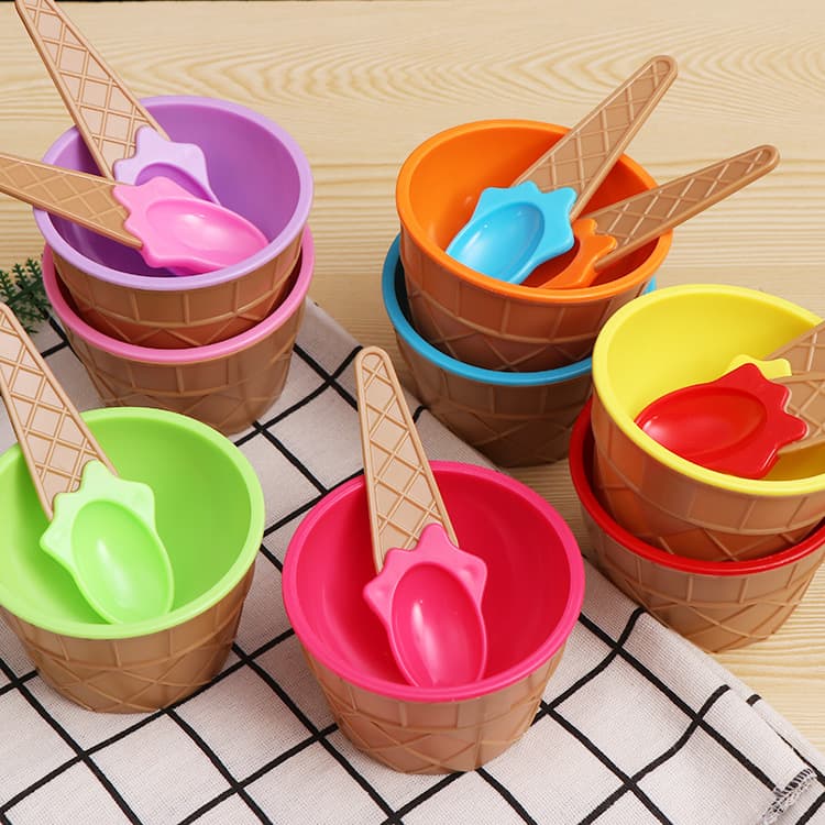 Ice Cream Bowl PS Dessert Spoon Set Creative Kids Cartoon Double Layer Wholesale Amazon