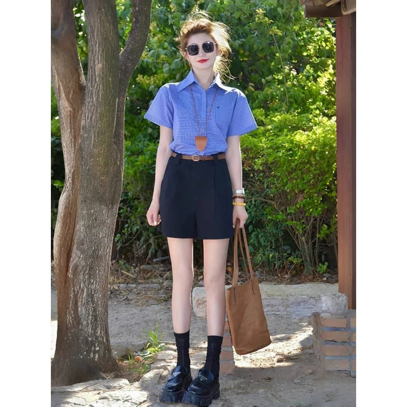 Blue Plaid Polo Collar Regular Shoulder Short Sleeve Shirt Blouse for Women 2025 New Summer French Chic Korean Style Top