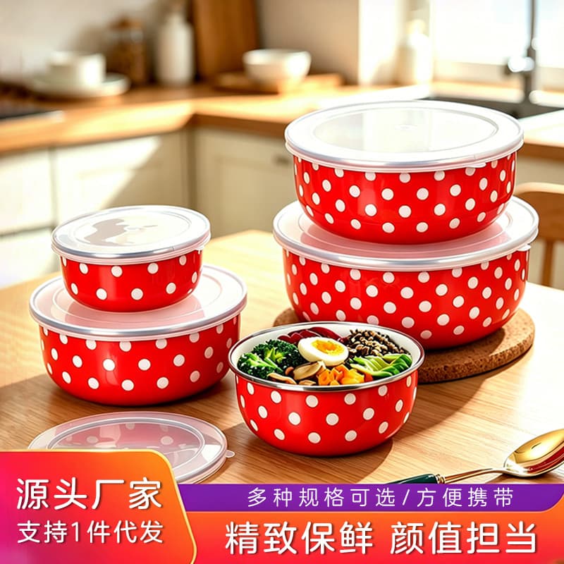 TEMU Enamel Summer Ice Bowl 5-Piece Set Factory Direct Fresh-Keeping Enamel Takeout Dine-In Food Chilled Storage Rice Bowl