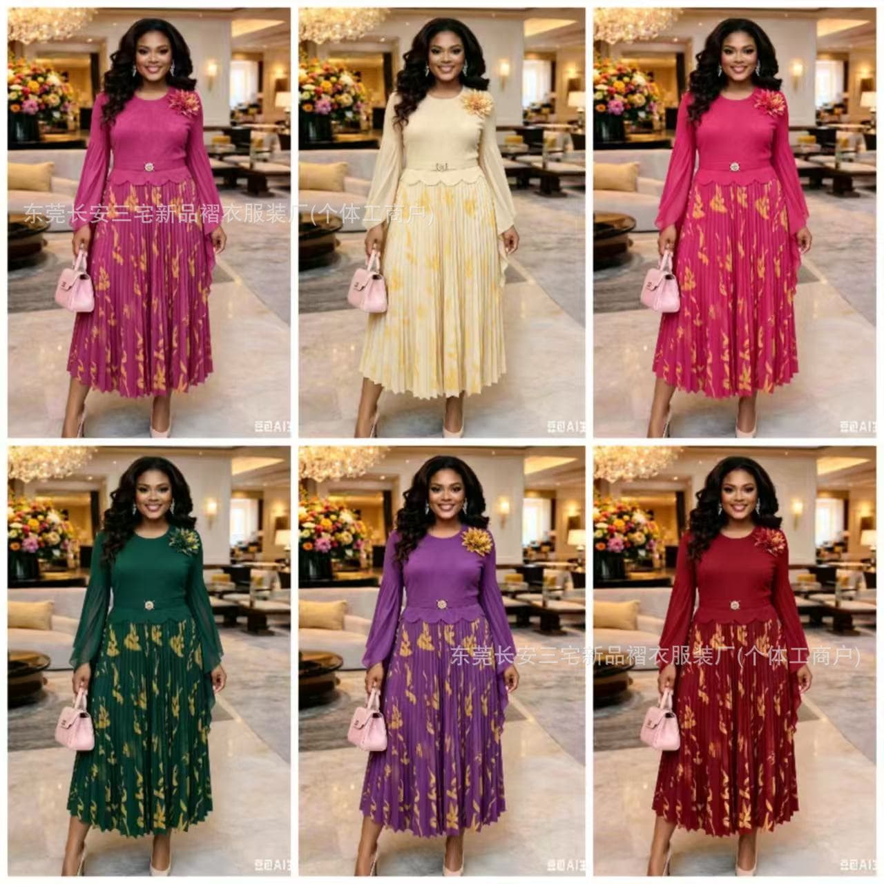 European and American cross-border Miyake plus-size pleated dress for women, long-sleeve elegant printed maxi dress, African fashion new autumn style