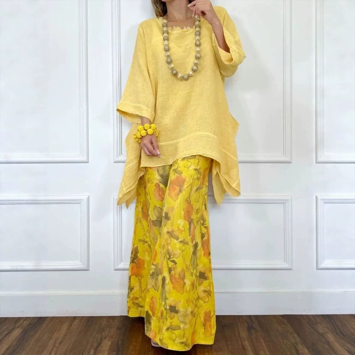 2026 European and American independent station foreign trade cross-border new style women's casual cotton and linen irregular tops and wide-leg pants suits