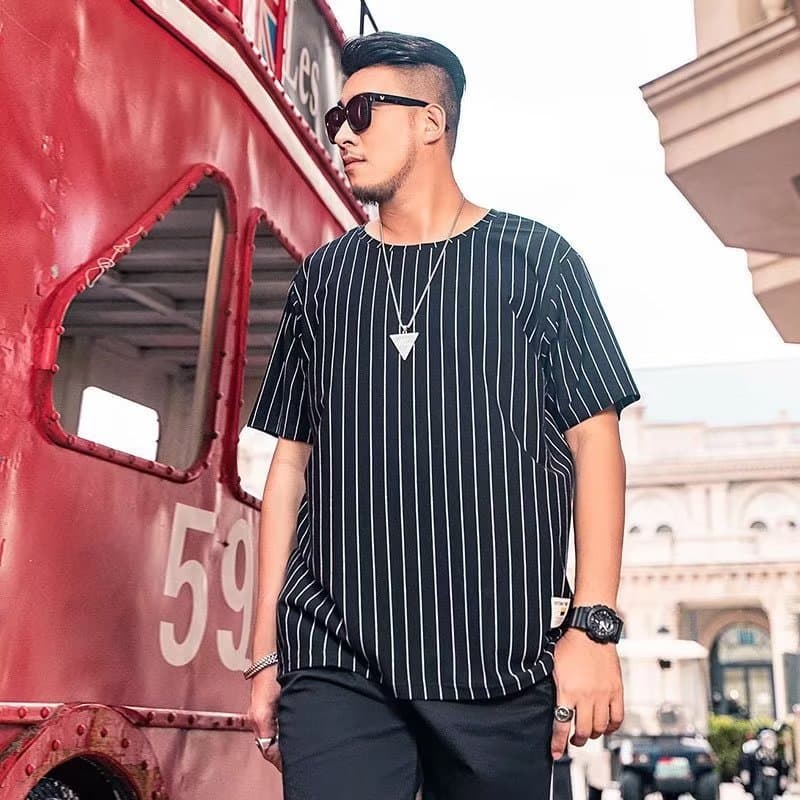 2026 Summer Large Size Striped Ice Silk Round Neck T-Shirt Short-Sleeved Men's Loose and Versatile Casual Trendy Design Top