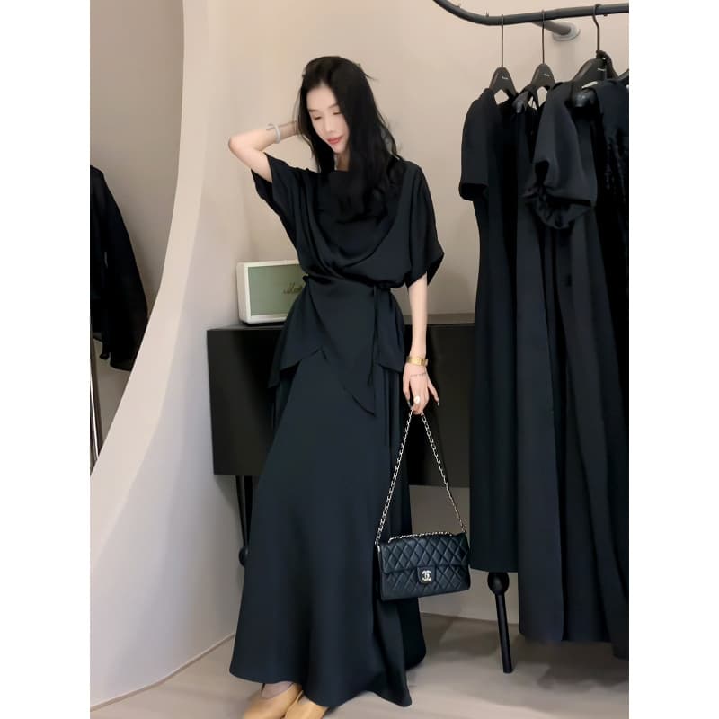 2813 Large Size Women's Satin Suit Skirt Fat mm Irregular Strappy Shirt Covering Flesh High Waist Skirt Two-piece Set