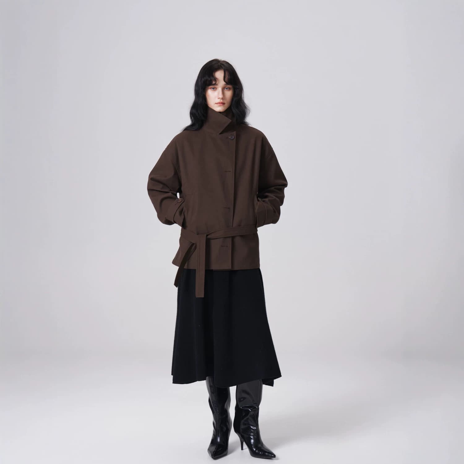 Custom Suede Quilted Jacket with Notched Lapel, Horn Button, Vintage Modern Waist-Cinching Mid-Length Coat