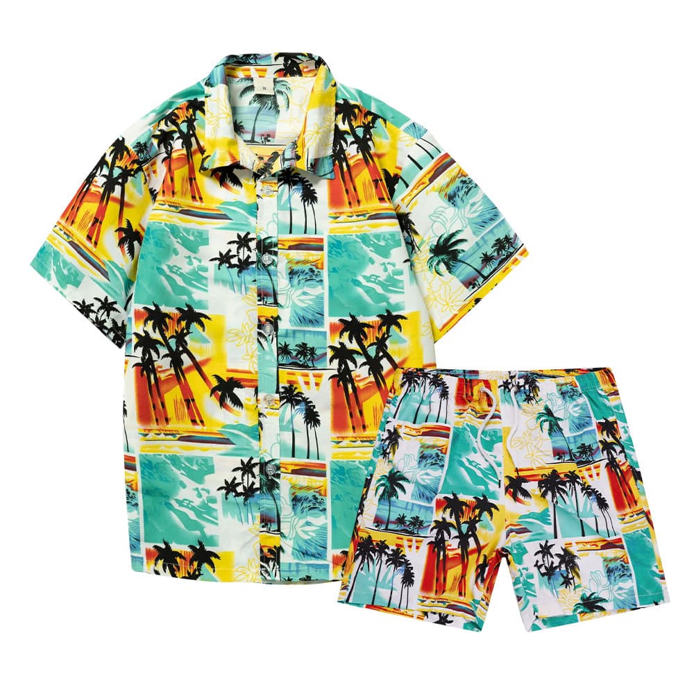 Men's Casual Beach Vacation Short Sleeve Shirt and Shorts Set, Loose Fit, Printed