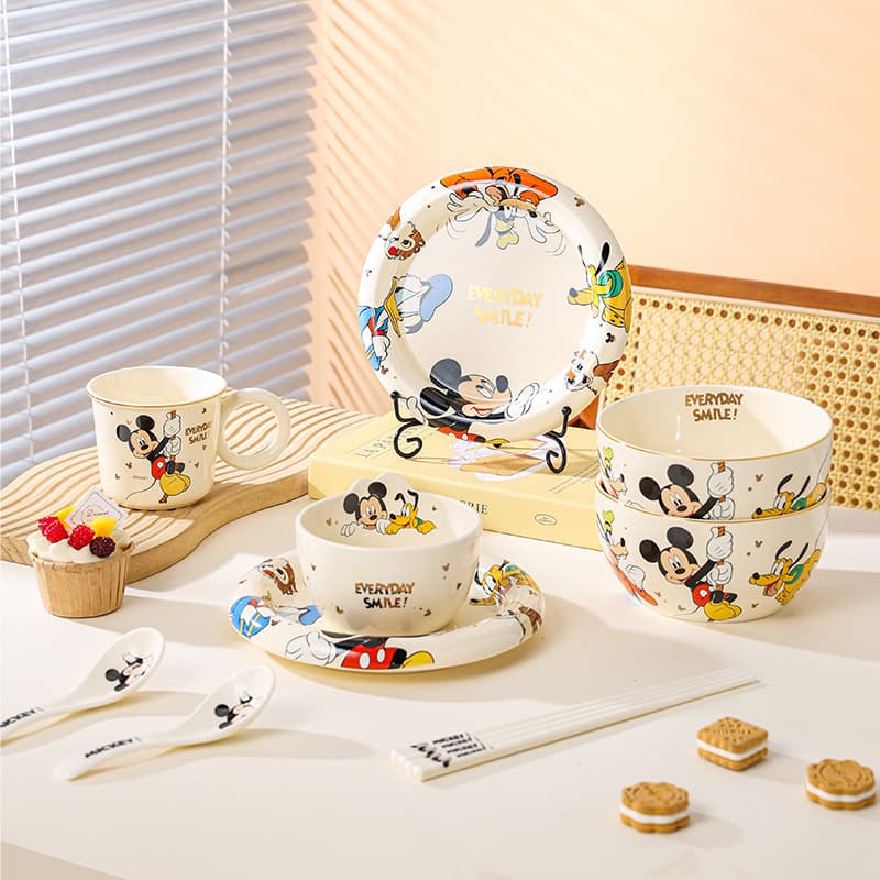 Disney Mickey Series Ceramic Bowl and Plate Set, Children's Rice Bowl, Cartoon Mug, Household Plate