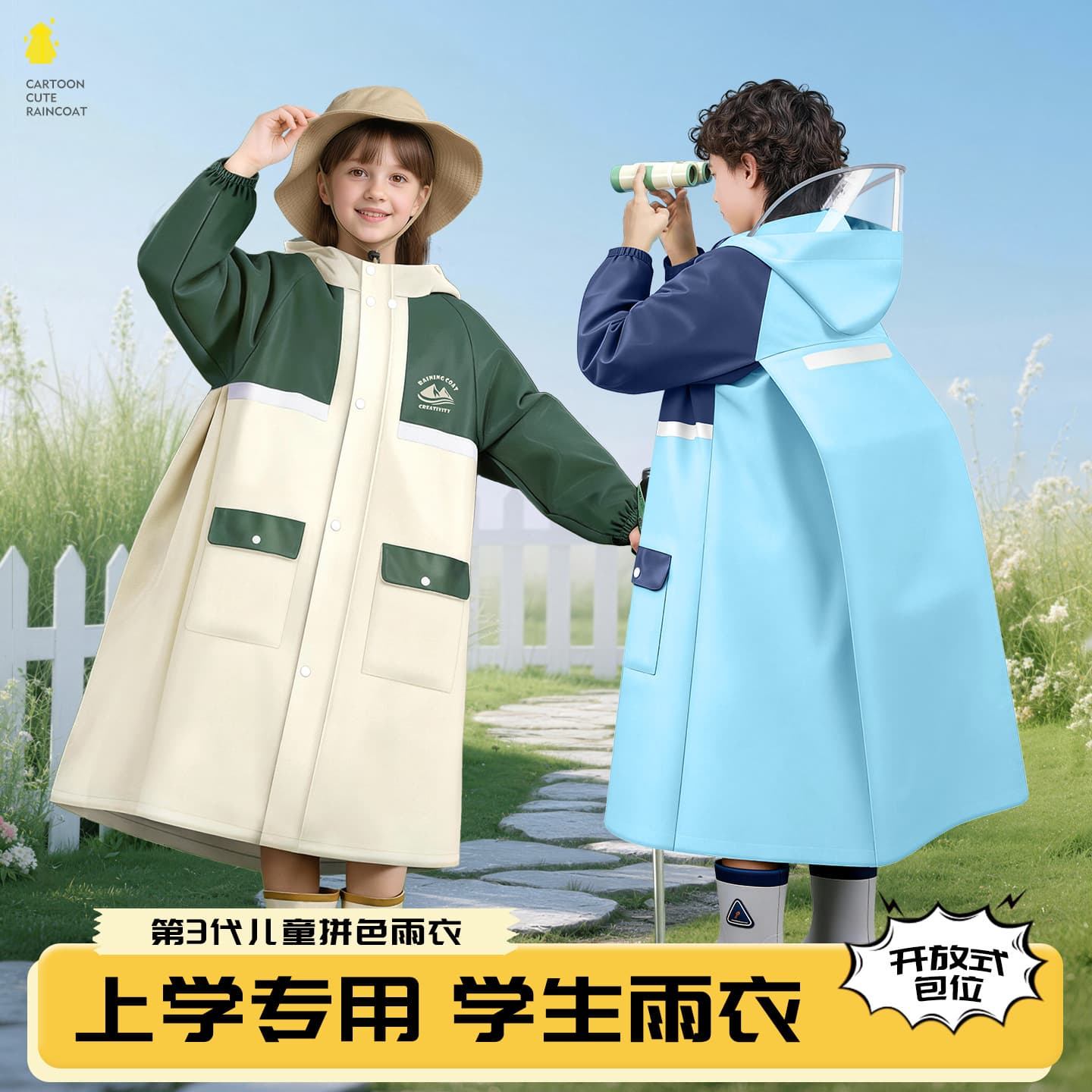 Children's Raincoat with School Bag Cover, Full Body Waterproof Raincoat for Kindergarten and Primary School Outdoor Activities