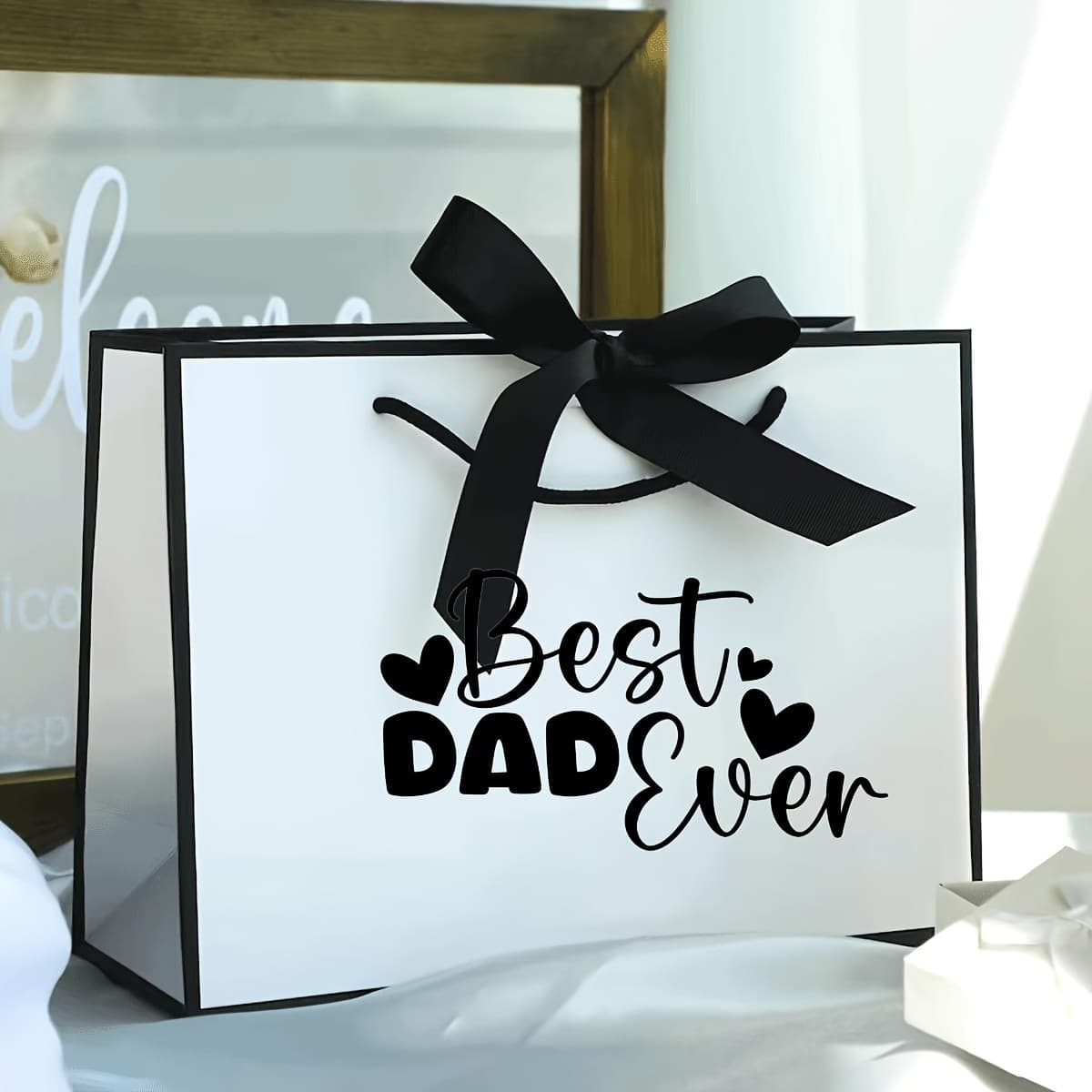 Best Dad Ever Gift Bag Father's Day Gift Wrapping Paper Bag Premium White Card Black Edge Tote Bag