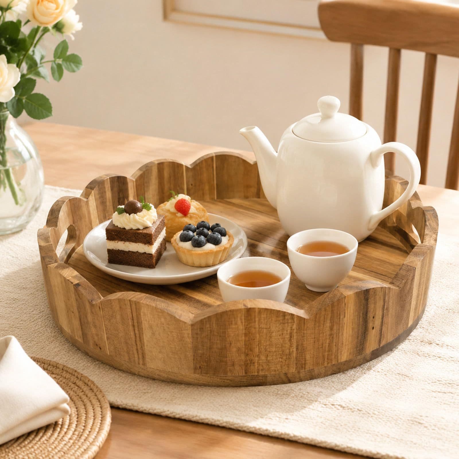 Cross-border wooden lace tray seasoning storage tray aromatherapy cosmetics breakfast tray portable tray acacia wood tray